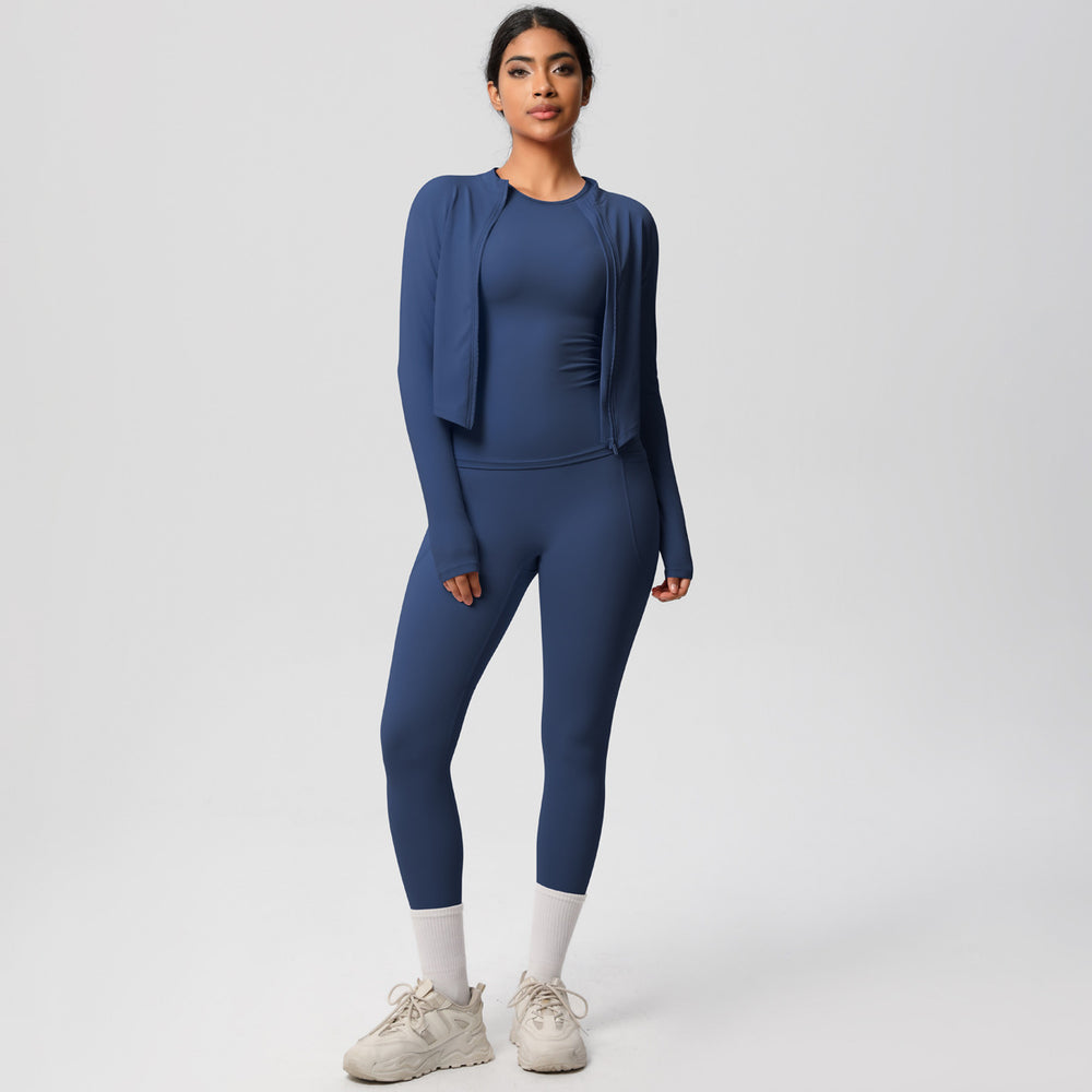 Solid color new outdoor casual quick-dry sports yoga outfit - tight-fitting, butt-lifting, pocketed shorts - fitness naked feel three-piece set