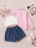 cross-border exclusive lapel plaid shirt camisole + heavy-duty washed beaded jeans three-piece set