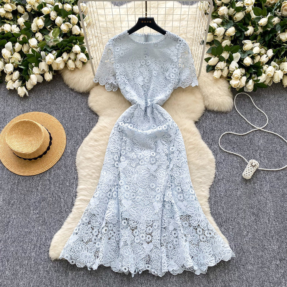 High-end elegant women's dress -  summer french chic, luxurious, heavily embellished, openwork crochet lace, slim-fit mermaid maxi dress