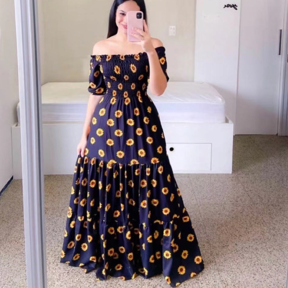 new spring/summer cross-border fashion: european and american style women's one-shoulder floral print maxi dress - off-the-shoulder fairy dress