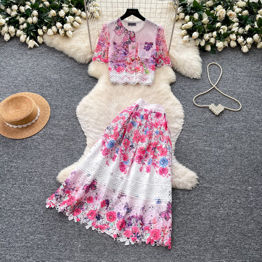 French chic lace print two-piece set: women's summer short-sleeve, designer-inspired, age-defying, slimming, and commute-friendly skirt suit