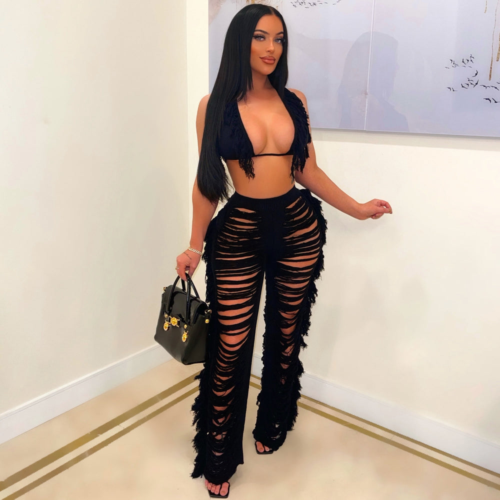 Source factory  summer new european and american style sexy tassel knit pant set