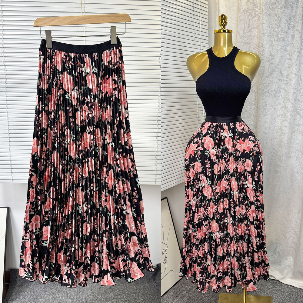 New arrival elastic waist high waist floral sweeteasiest for match a-line skirt women's medium longprintingpleated skirt