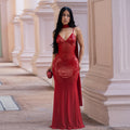 C7647 cross-border   fashion women's sexy mesh suspender v-neck sequin dress