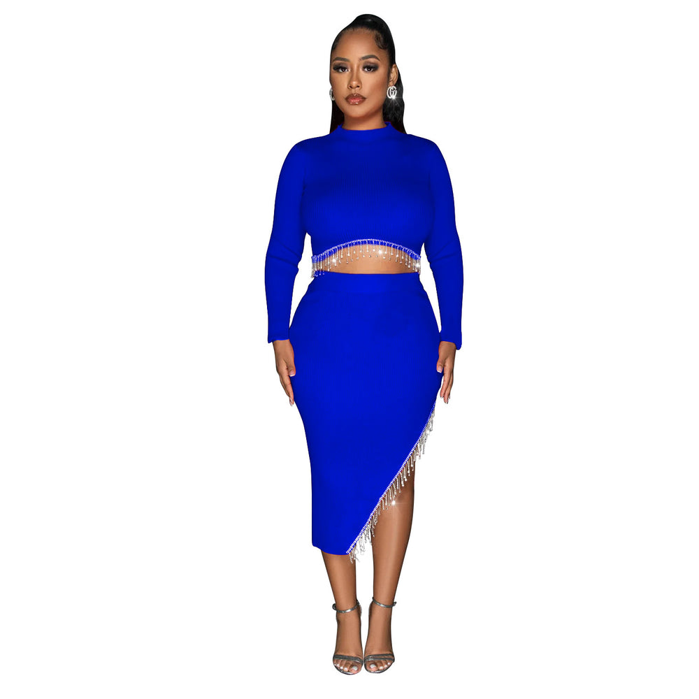 C6829 cross-border   fashion women's solid color long sleeve cropped two-piece dress set