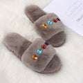 Fuzzy slippers - autumn/winter rhinestone 2024 new collection - open toe, wearable outdoors, cute and girly, cotton slippers, flat heel, comfortable slides