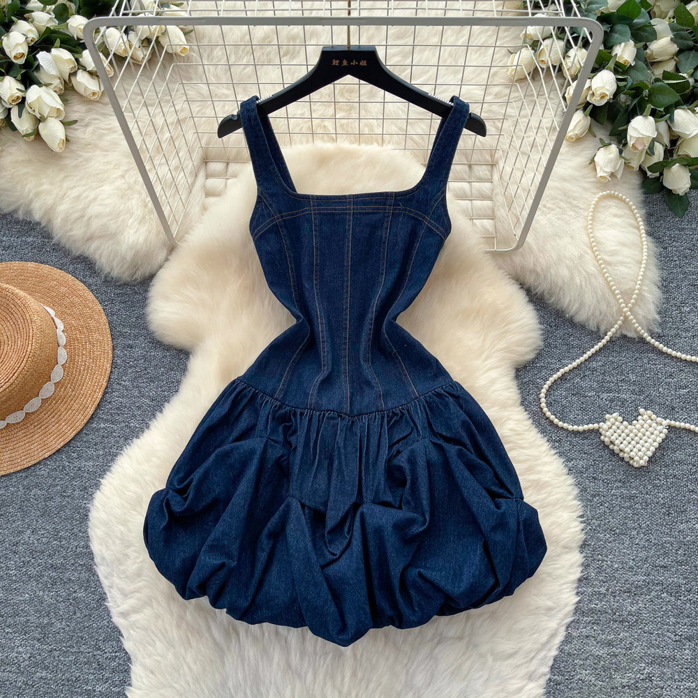 Spicy girl suspender denim flower bud dress women's summer k-style niche design waist slimming lookelegant a-line skirt