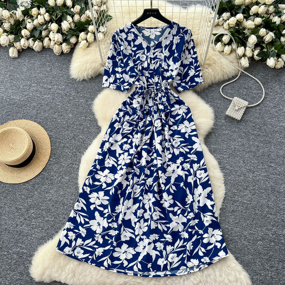 Frenchretrov neck drawstring waist short-sleeved printingdress women's summerslimming lookelegantretro over-the-knee long skirt