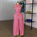 European and american women's clothing  autumn new sweet and fresh striped halter neck backless high waist straight leg jumpsuit pants