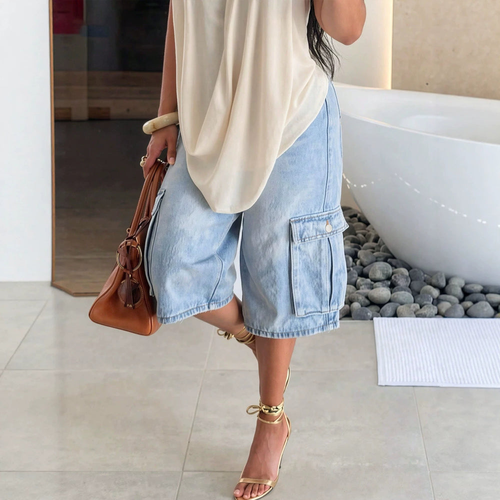 European and american style women's light blue pocket cargo wide-leg cropped jeans - drapey, commute-friendly, vacation-ready, trendy denim