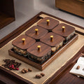 Six-compartment glass bowl set with gold-edged hammered texture, walnut wood tray, and lid