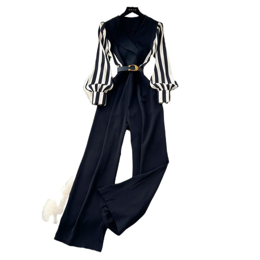 Light mature stylecontrast colorstripes lantern sleeves waist suit collar jumpsuit women's high waistslimming look jumpsuit wide leg pants