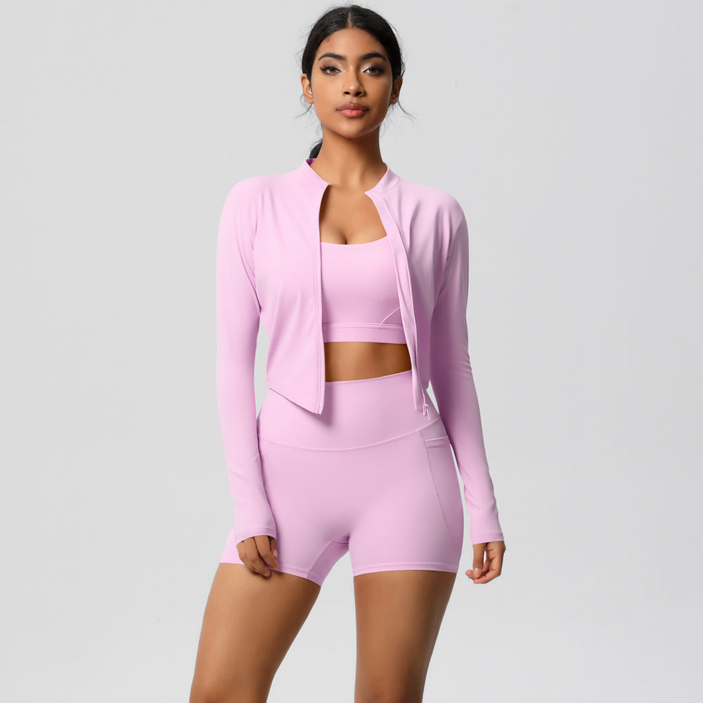 High-waisted brushed fleece tight pocket yoga set - cloud-soft quick-dry activewear three-piece outfit for outdoor leisure, running, and fitness