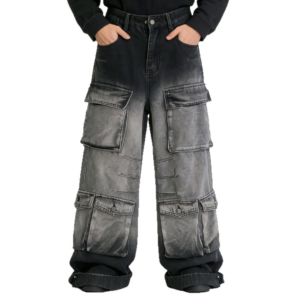 European and american style women's denim cargo pants -  cross-border fashion - streetwear gradient color multi-pocket straight leg jeans