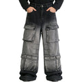 European and american style women's denim cargo pants -  cross-border fashion - streetwear gradient color multi-pocket straight leg jeans
