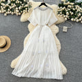 European and american light luxury high-end short-sleeve dress for women - summer pleated, rhinestone-embellished, pearl belt design