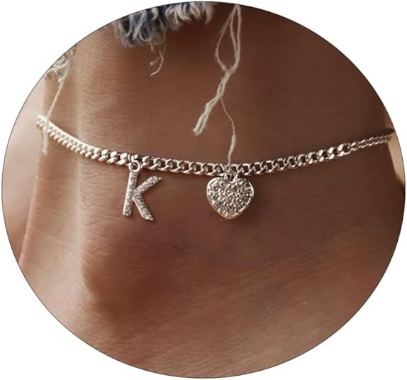 Amazon exquisite silver initial anklet - minimalist personalized letter anklet with cz heart cuban chain