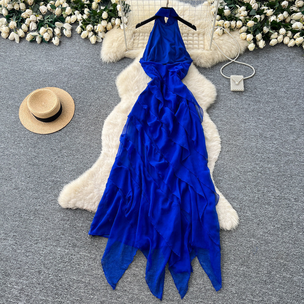 Vacation style haltersexy big backlessdress women's summer blue ruffles hot girl style long skirt slimming look fairy spirit