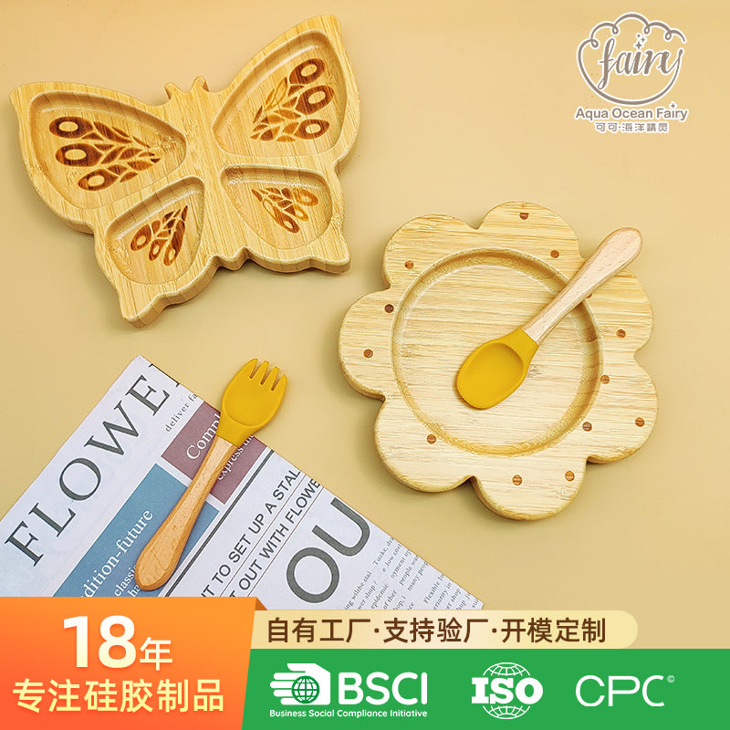 Bamboo plate set, food grade silicone fork and spoon wooden plate baby creative animal tableware set