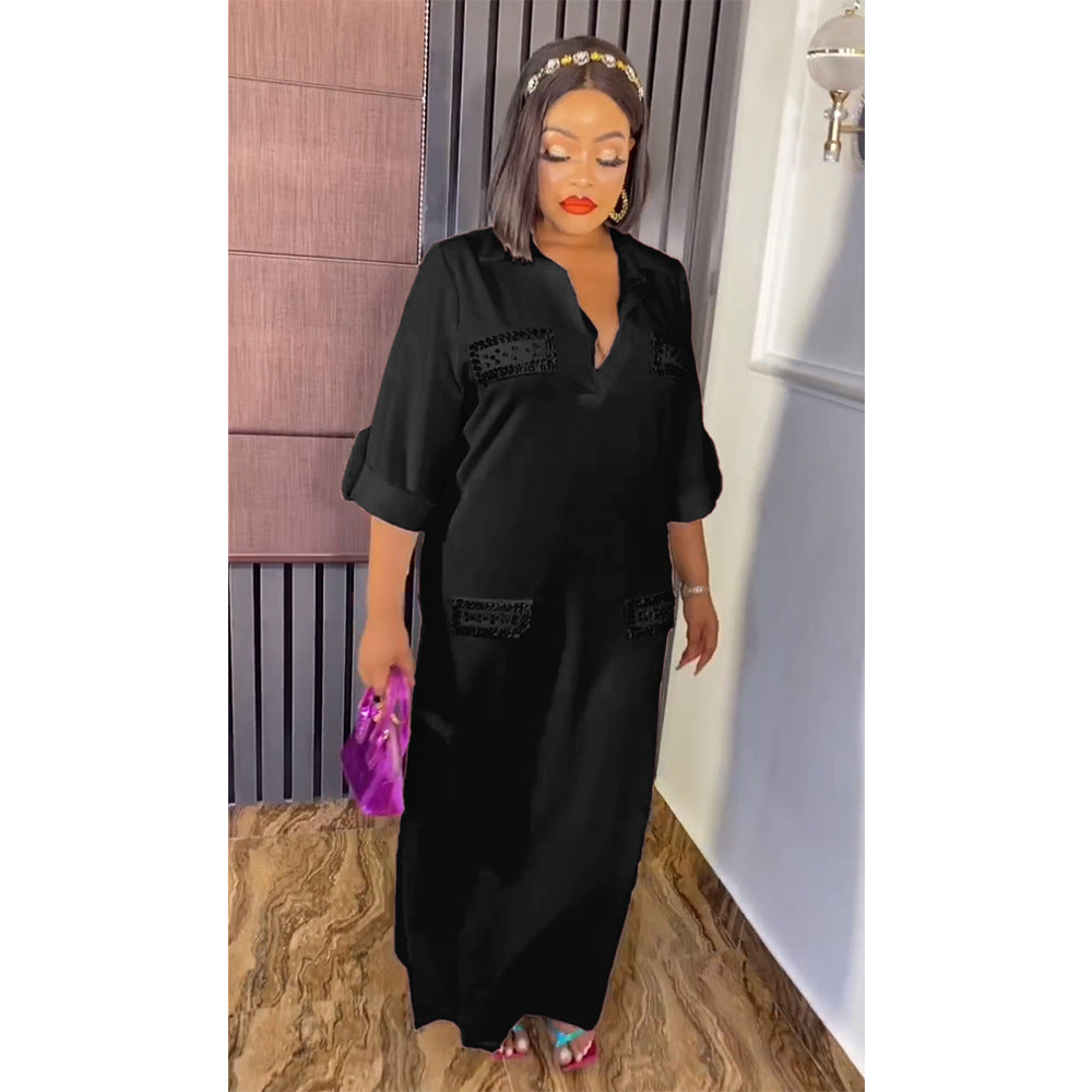 Aliexpress tiktok african women's new arrival shiny silk satin loose plus size dress with free butterfly brooch