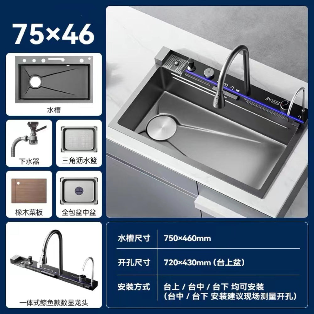 Whale digital display sink large single slot 304 stainless steel kitchen for home vegetable basin sink bowl sink countertop middle and lower