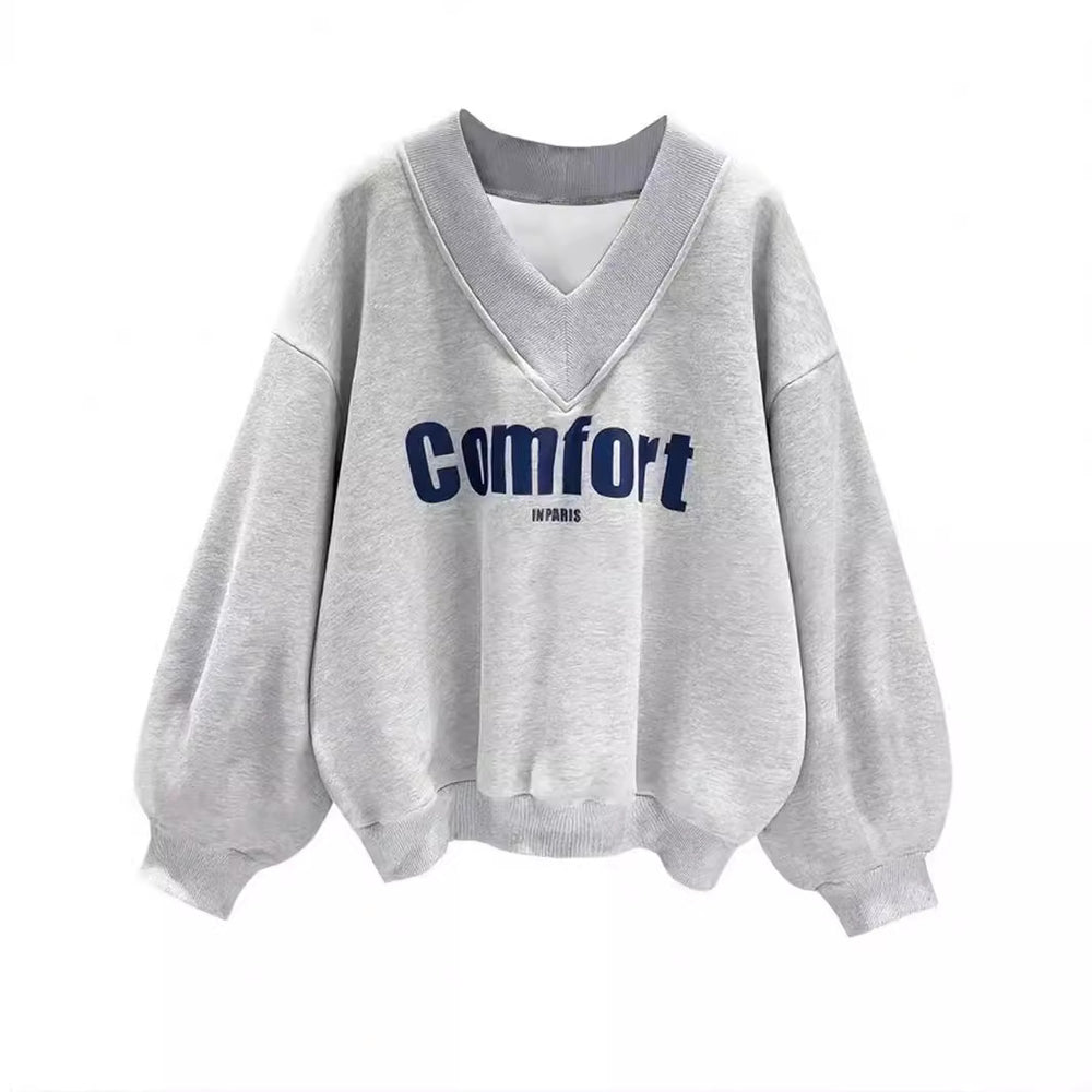 Amazon cross-border e-commerce autumn new arrival: women's gray hoodie - fashionable, casual, loose-fit, versatile v-neck top