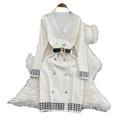 Elegant chanel-inspired v-neck double-breasted knit dress with cinched waist – a chic and sophisticated layering piece for spring and autumn