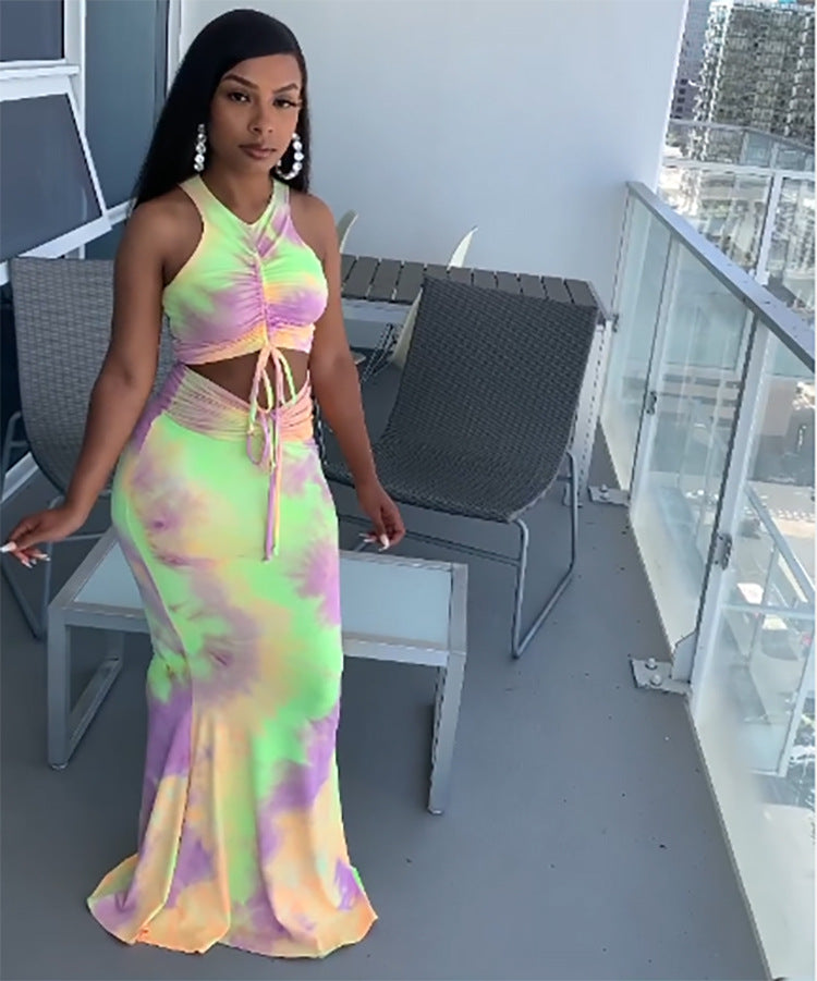 Fashion cross-border women's clothing  new foreign trade sexy hot girl tie-dye pleated sleeveless vest floor-length skirt suit