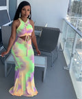 Fashion cross-border women's clothing  new foreign trade sexy hot girl tie-dye pleated sleeveless vest floor-length skirt suit