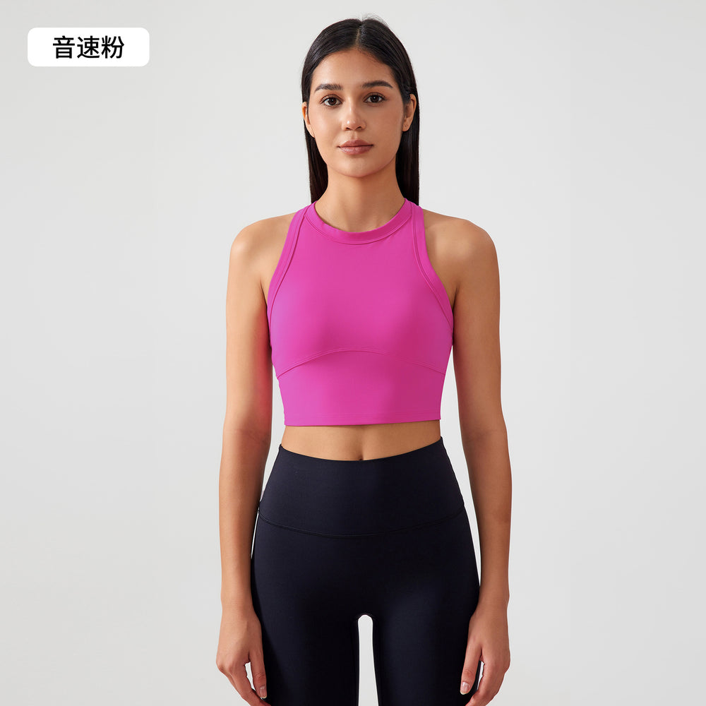 High-stretch yoga tank top for women, featuring built-in bra pads, anti-slip design, shockproof sports bra, high neckline, and side support to minimize underarm bulge. model et001