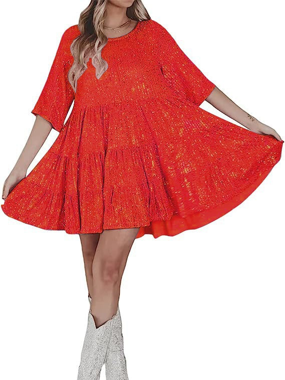 european and american export new arrival direct sales colorful fashion sequin round neck loose waist short sleeve dress banquet gown