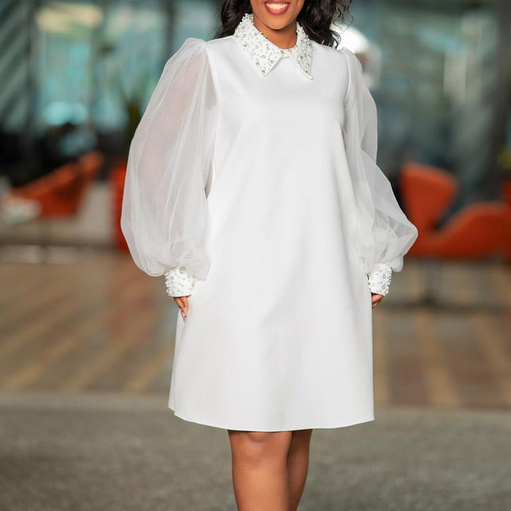 D371 european and american women's clothing cross-border  new fashion mesh sleeve beaded elegant african plus size foreign trade dress