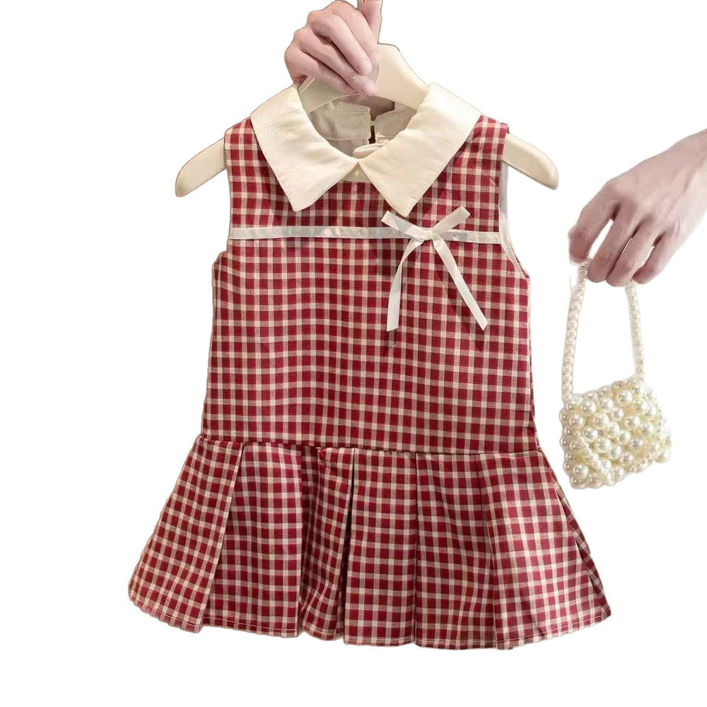 Girls' korean style outerwear dress - sweet plaid fresh summer new bowknot vest princess dress