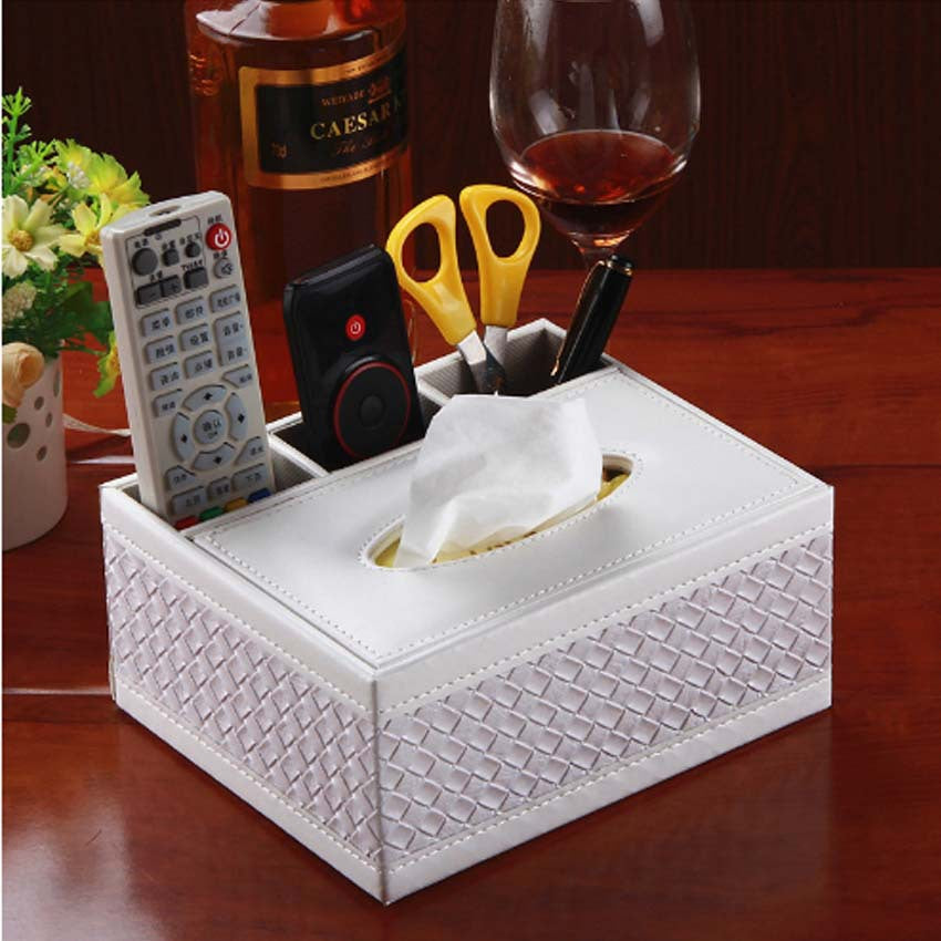 Hotel multi-functional leather PU tissue box, creative household leather woven pattern paper box, European remote control