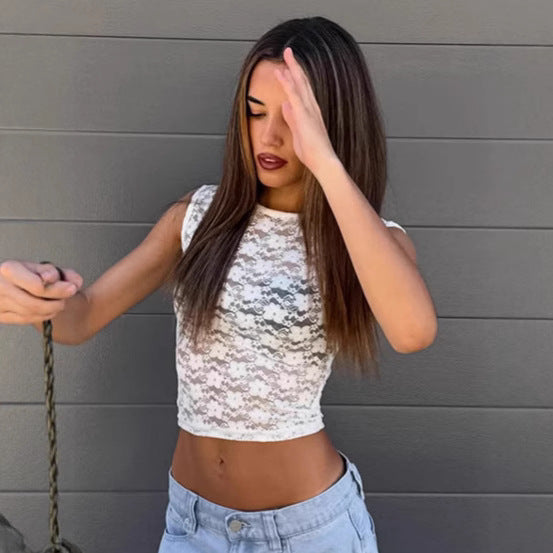European and American ins Spice Girls Lace Vest Women 2025 Summer Street Style White Pullover Waist Short Top Women's Clothing