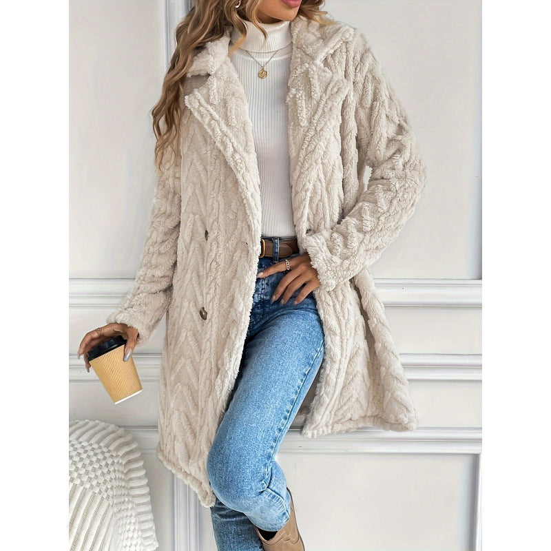 Europe and the United States  popular hot-selling double-sided plush socket casual double-breasted cardigan medium and long coat women~ independent station