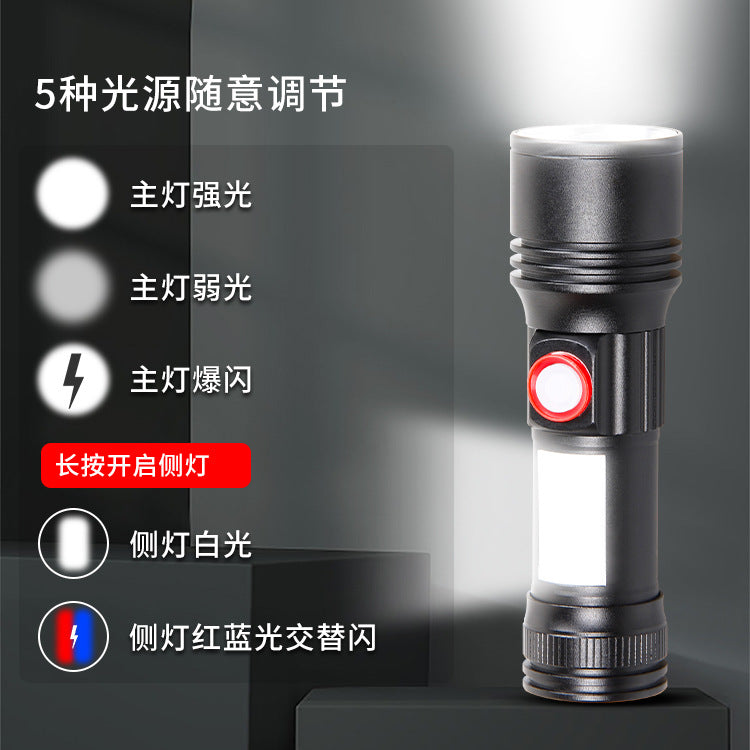 Cross-border new XHP50 strong light USB charging magnetic side light COB warning red, blue and white retractable LED flashlight