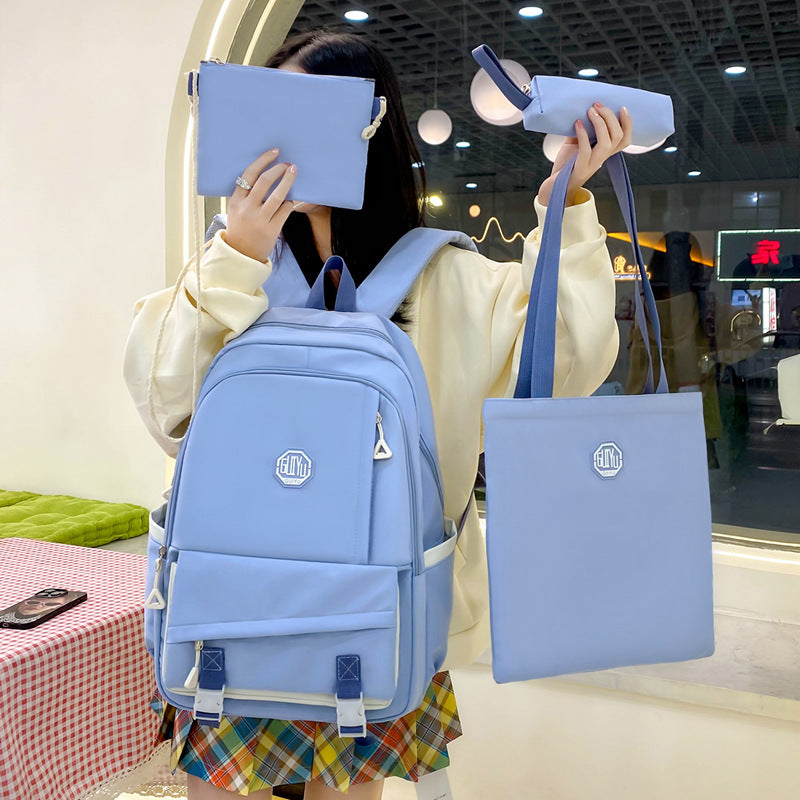 New casual middle school student schoolbag trendy brand large-capacity solid color backpack four-piece high-value backpack men