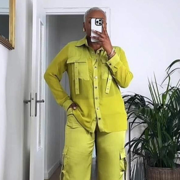 European and american cross-border women's fashion:  summer new collection - stylish design patchwork long sleeve shirt and wide leg pants set