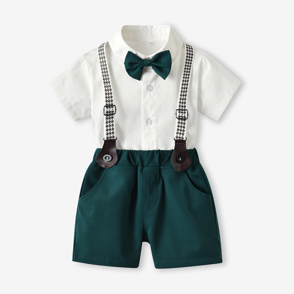 Kids' summer gentleman outfit: baby boy short-sleeve shirt & suspender pants two-piece set, boy's shirt, first birthday dress