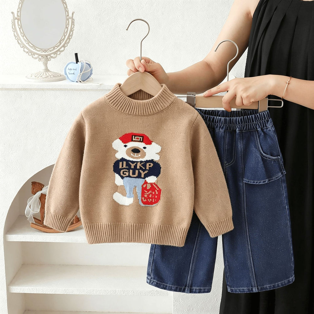 Kids' crewneck knit sweater & cartoon bear denim pants set - new  collection