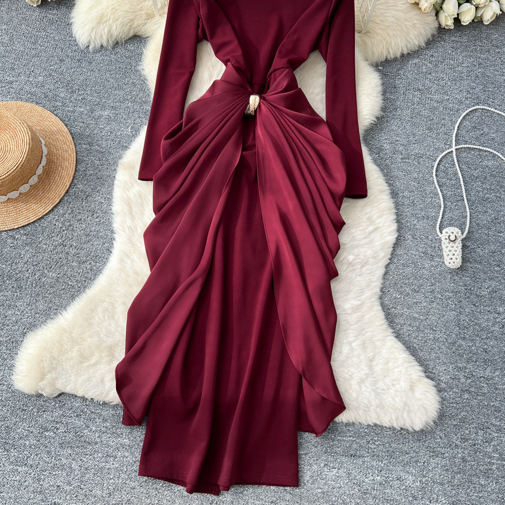 Elegant and chic semi-high neck pleated long sleeve dress - women's red, slim-fit, a-line maxi dress with figure-flattering waist