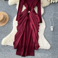 Elegant and chic semi-high neck pleated long sleeve dress - women's red, slim-fit, a-line maxi dress with figure-flattering waist