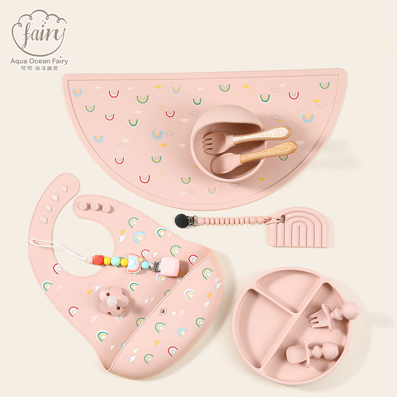 Cross-border food-grade silicone children's tableware set Baby complementary food bowl bib fork spoon feeding children's tableware set