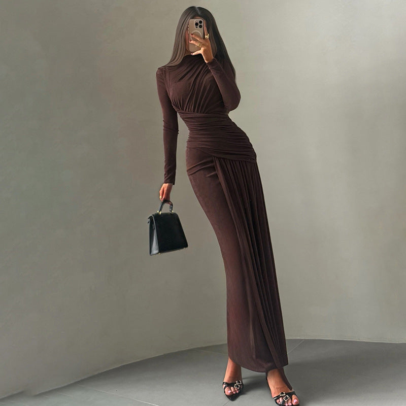 Export fashion european and american style  autumn/winter new collection - chic solid color crew neck long sleeve ruched bodycon dress for women