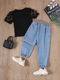 European and american style girls' summer lace patchwork sleeve top + heavy-duty washed denim pants set with belt