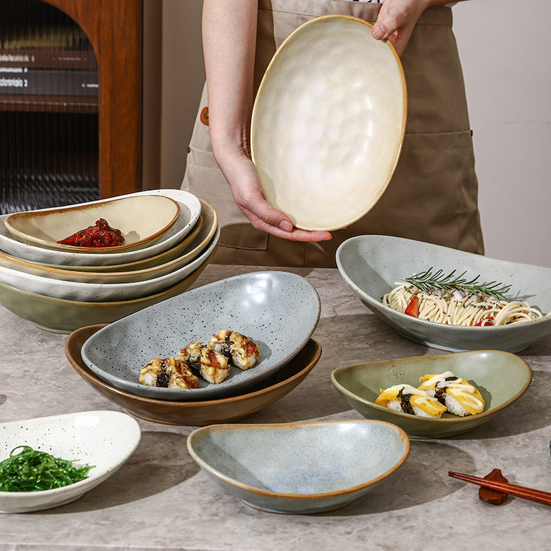 japanese ceramic plate, high-end candy bowl, fruit salad bowl, fish plate, stoneware tableware, oval plate, household dish plate