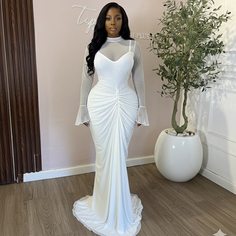European and american cross-border women's fashion:  autumn new arrivals - sexy, elegant, solid color, ruched, slim-fit, long maxi dress