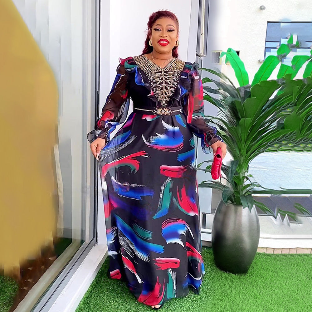 European and american new arrival african plus size women's v-neck dress - in stock, ready to ship -  cross-border e-commerce, chiffon printed maxi dress