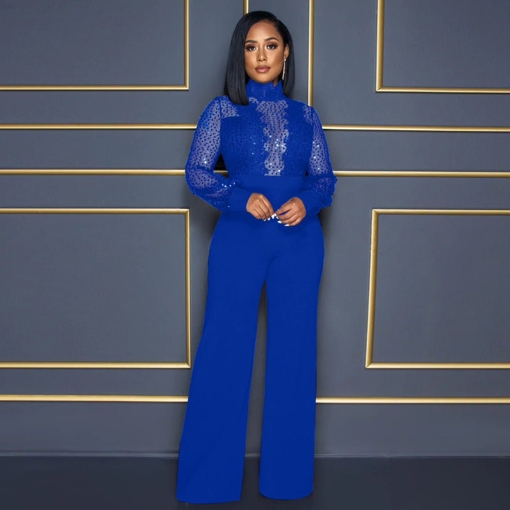 CY900106 European and American wish party style turtleneck sequined lace perspective long-sleeved top, loose jumpsuit women